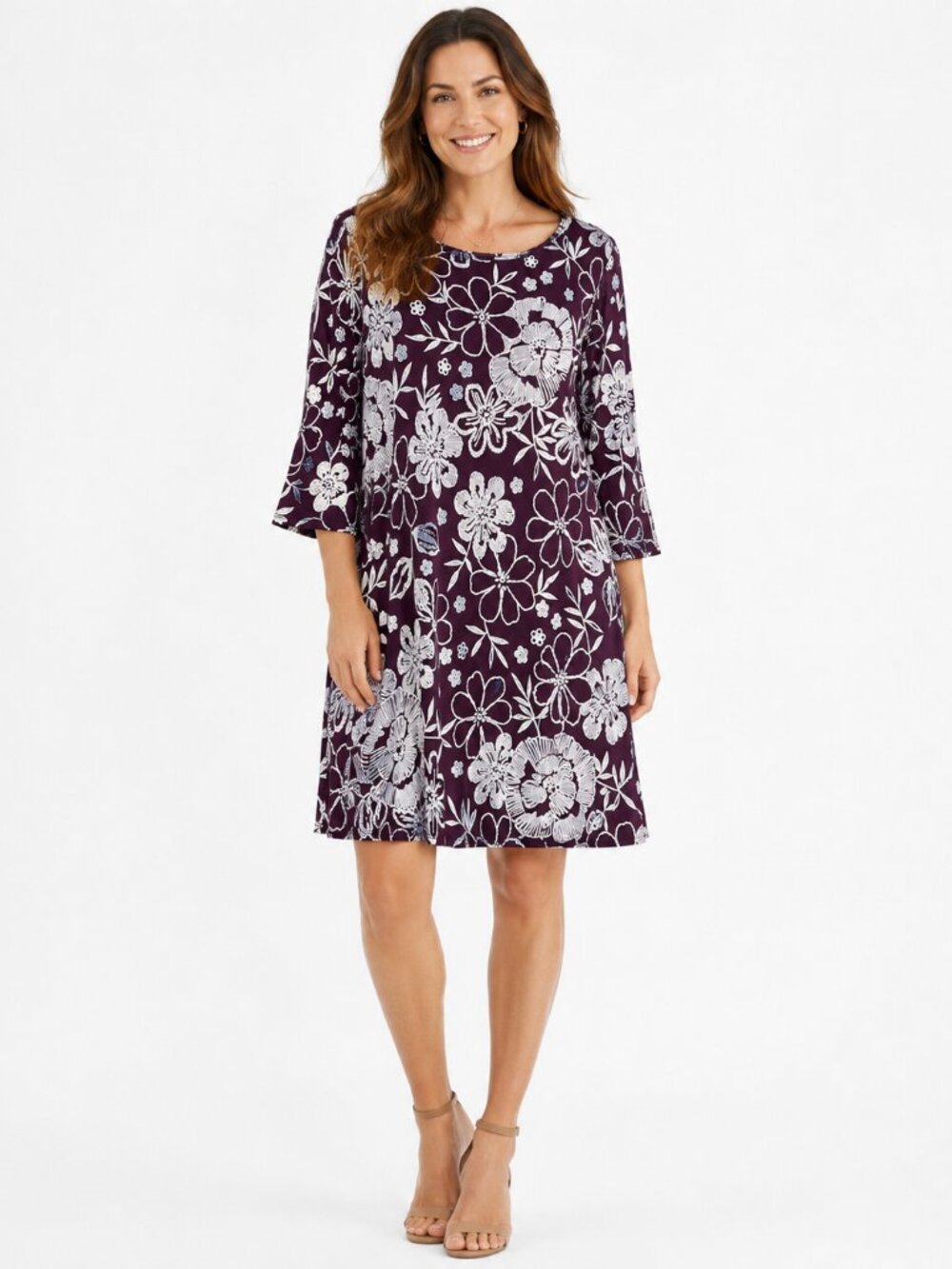 Espresso Women's Purple Floral Bell Sleeve Swing Dress, M